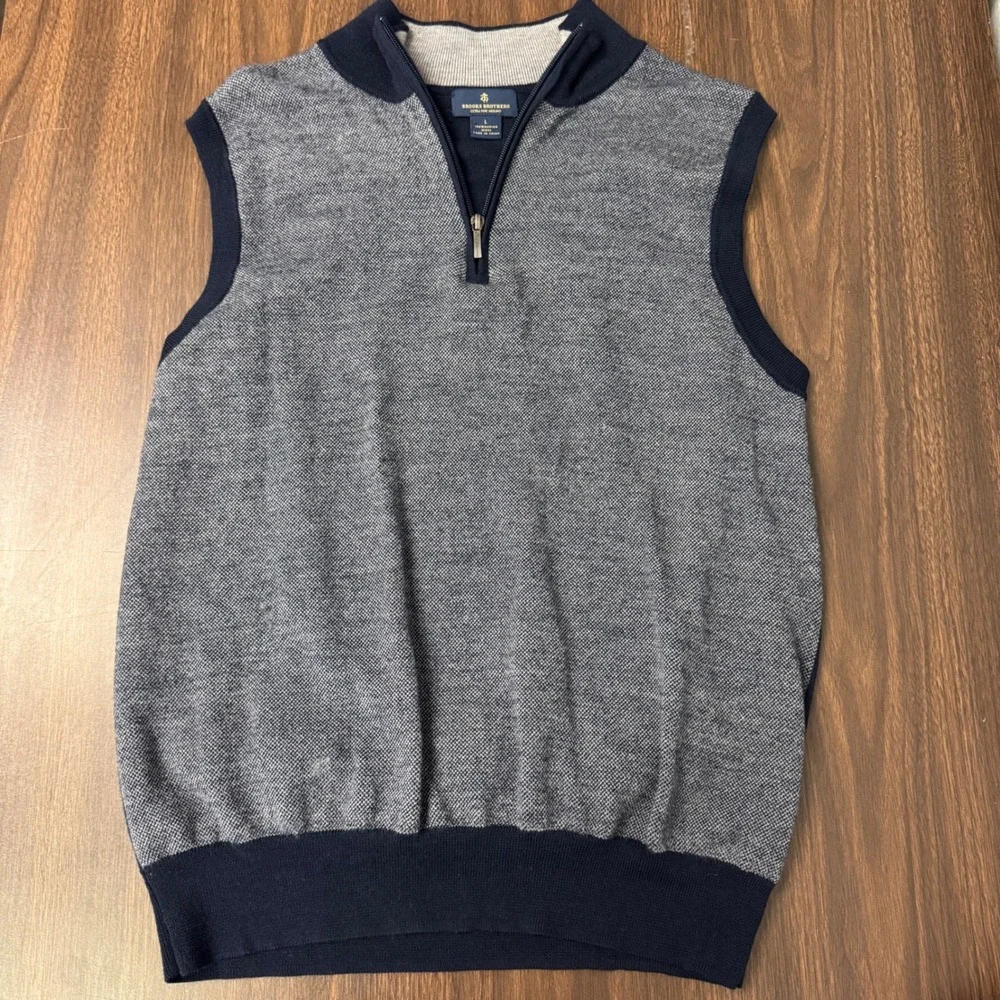 Brooks Brothers Extra Fine Merino Wool Quarter Zip Sweater Vest Navy Gray Mens L